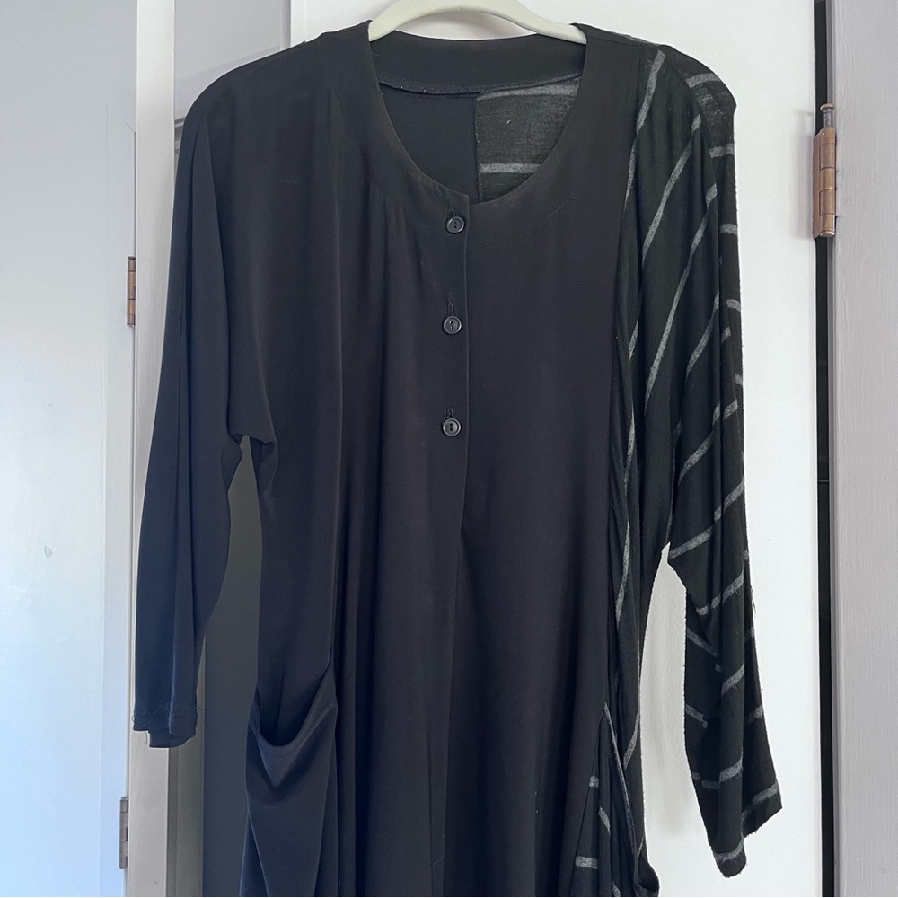 Heydari Dress Womens (M/L) Wearable Art Black Grey Stripe Midi Pockets Lagenlook - Picture 9 of 14